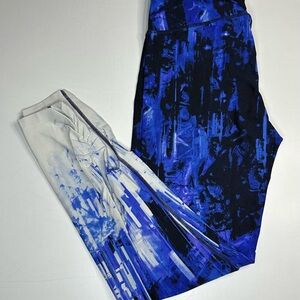 Calvin Klein Performance Womens Small Print Leggings Blue Black White Ruched Leg